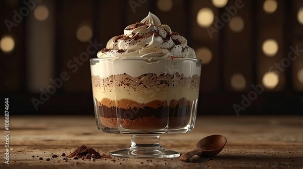 Fototapeta Tiramisu in a glass with layered cream and cocoa powder