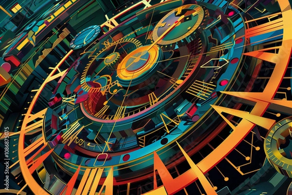 Fototapeta An intricate clockwork mechanism with vibrant colors and sharp lines.