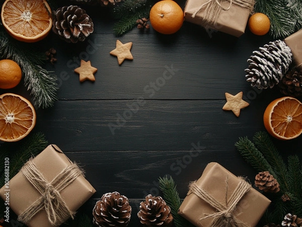 Fototapeta Design a cozy winter scene featuring a cheerful snowman with an orange knitted hat and scarf, surrounded by festive decorations. Include glowing candles, snow-dusted pine branches, red berries, and sm