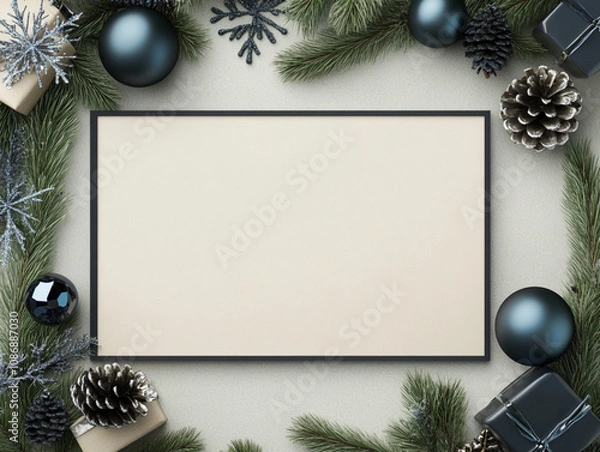 Obraz Holiday table decorations, top view: a blank centerpiece framed with natural pine branches, shimmering blue ornaments, intricate snowflakes and a small wrapped gift. Balanced composition for creating 