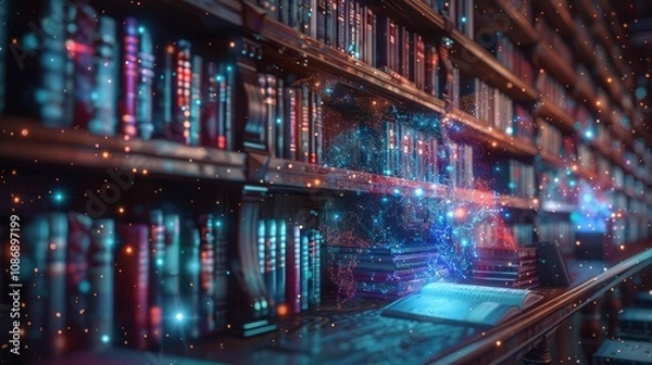 Fototapeta Digital library with holographic bookcases