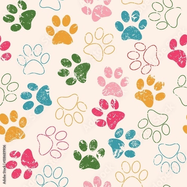 Fototapeta Vector seamless pattern with cat or dog footprints. Cute colorfu