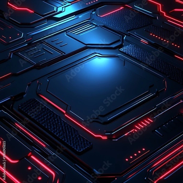 Fototapeta Futuristic Abstract Background with Geometric Patterns and Neon Lights Highlighting Textures of a High-Tech Surface in Deep Blue and Bright Red Colors