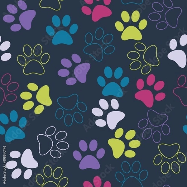 Fototapeta Vector seamless pattern with cat or dog footprints. Cute colorfu