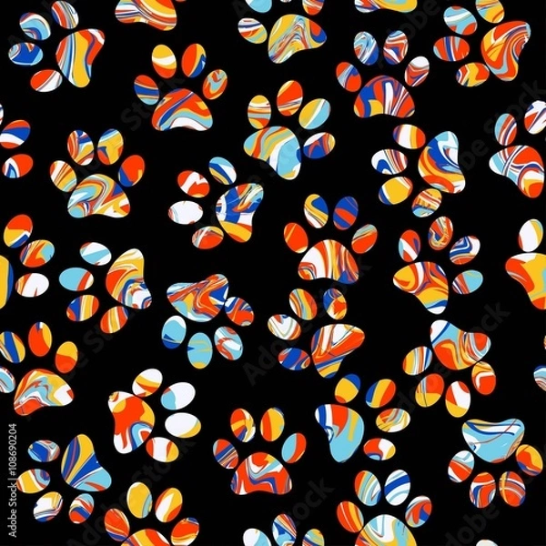 Fototapeta Vector seamless pattern with cat or dog footprints. Cute colorfu