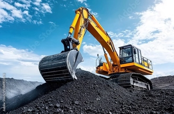 Obraz An excavator is digging in the coal mine, with a blue sky and white clouds above it