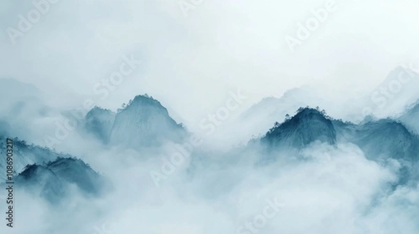 Obraz Chinese landscape ink painting, intricate brushwork revealing mountains and rivers, soft focus on surroundings enhancing depth, rich cultural heritage expressed through art.