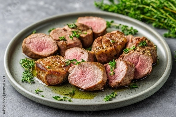 Obraz Tender pork medallions with sauce and herbs, warm and inviting presentation