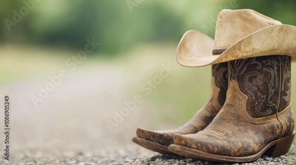 Fototapeta Cowboy Boot and Western Hat Display, a close-up view showcasing classic western attire, emphasizing the texture of the leather boot and the style of the hat, ideal for western culture enthusiasts.