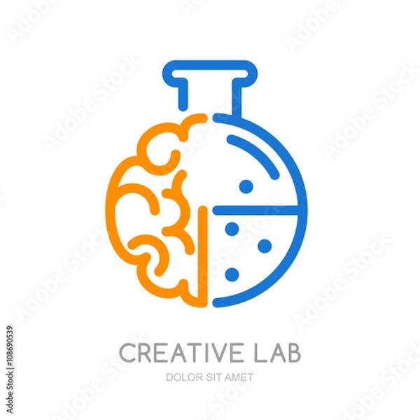 Fototapeta Vector logo, icon, symbol with brain and lab flask. Design concept for business solutions, education and science, development, creativity. Abstract outline illustration of brain. 