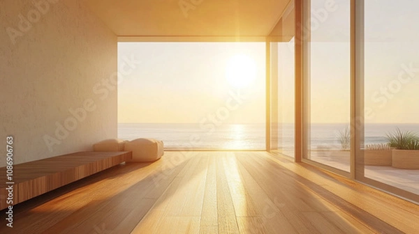 Obraz Sunlit 3D Render of a Cozy Living Room with Large Window and Wooden Flooring. Modern Interior Design Concept with Natural Light and Warm Ambiance