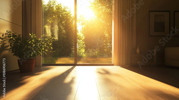 Obraz Sunlit 3D Render of a Cozy Living Room with Large Window and Wooden Flooring. Modern Interior Design Concept with Natural Light and Warm Ambiance