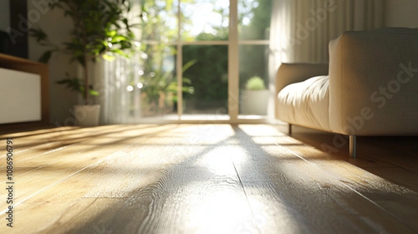 Obraz Sunlit 3D Render of a Cozy Living Room with Large Window and Wooden Flooring. Modern Interior Design Concept with Natural Light and Warm Ambiance