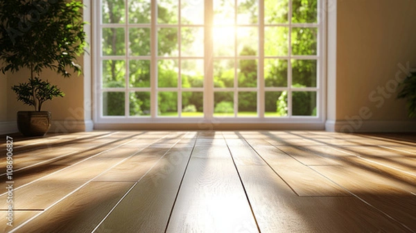 Obraz Sunlit 3D Render of a Cozy Living Room with Large Window and Wooden Flooring. Modern Interior Design Concept with Natural Light and Warm Ambiance