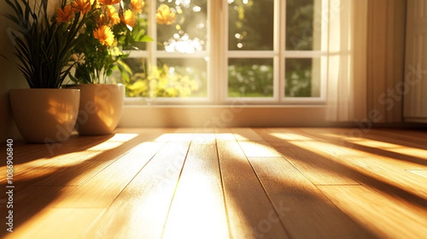 Obraz Sunlit 3D Render of a Cozy Living Room with Large Window and Wooden Flooring. Modern Interior Design Concept with Natural Light and Warm Ambiance
