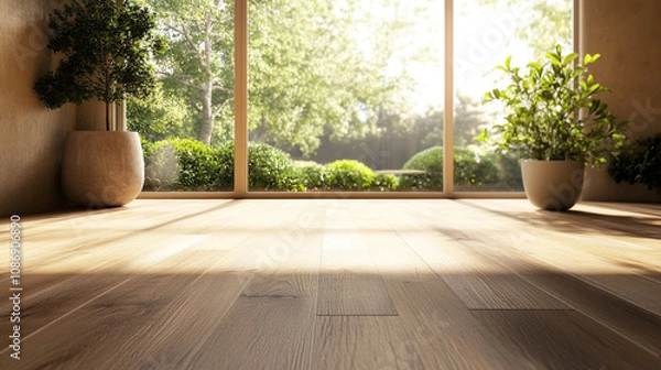 Obraz Sunlit 3D Render of a Cozy Living Room with Large Window and Wooden Flooring. Modern Interior Design Concept with Natural Light and Warm Ambiance