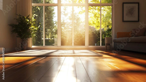Obraz Sunlit 3D Render of a Cozy Living Room with Large Window and Wooden Flooring. Modern Interior Design Concept with Natural Light and Warm Ambiance