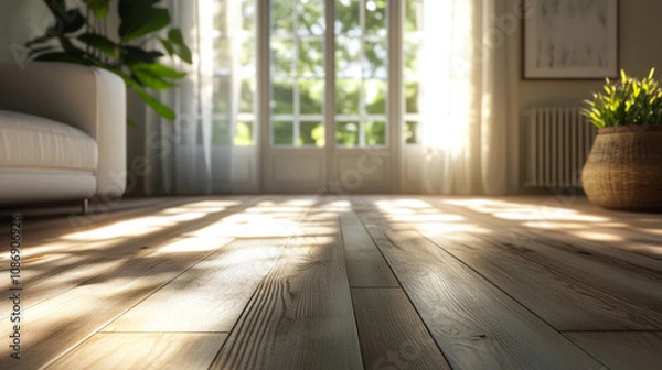 Obraz Sunlit 3D Render of a Cozy Living Room with Large Window and Wooden Flooring. Modern Interior Design Concept with Natural Light and Warm Ambiance