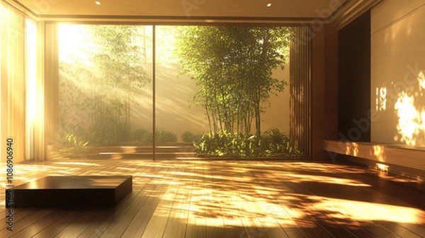 Obraz Sunlit 3D Render of a Cozy Living Room with Large Window and Wooden Flooring. Modern Interior Design Concept with Natural Light and Warm Ambiance