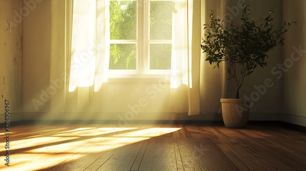 Obraz Sunlit 3D Render of a Cozy Living Room with Large Window and Wooden Flooring. Modern Interior Design Concept with Natural Light and Warm Ambiance