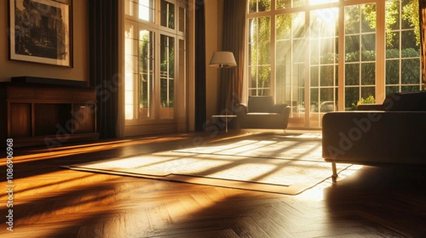 Obraz Sunlit 3D Render of a Cozy Living Room with Large Window and Wooden Flooring. Modern Interior Design Concept with Natural Light and Warm Ambiance