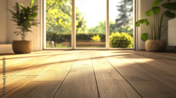 Obraz Sunlit 3D Render of a Cozy Living Room with Large Window and Wooden Flooring. Modern Interior Design Concept with Natural Light and Warm Ambiance