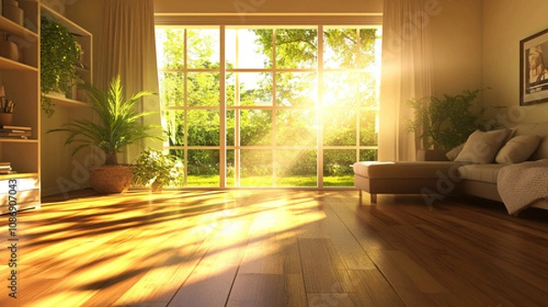 Obraz Sunlit 3D Render of a Cozy Living Room with Large Window and Wooden Flooring. Modern Interior Design Concept with Natural Light and Warm Ambiance