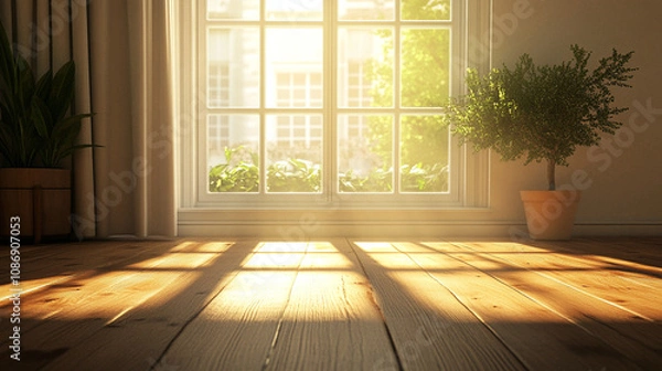 Obraz Sunlit 3D Render of a Cozy Living Room with Large Window and Wooden Flooring. Modern Interior Design Concept with Natural Light and Warm Ambiance
