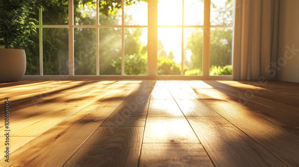 Obraz Sunlit 3D Render of a Cozy Living Room with Large Window and Wooden Flooring. Modern Interior Design Concept with Natural Light and Warm Ambiance