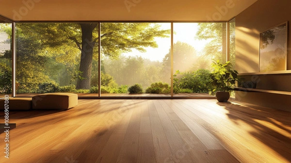 Obraz Sunlit 3D Render of a Cozy Living Room with Large Window and Wooden Flooring. Modern Interior Design Concept with Natural Light and Warm Ambiance