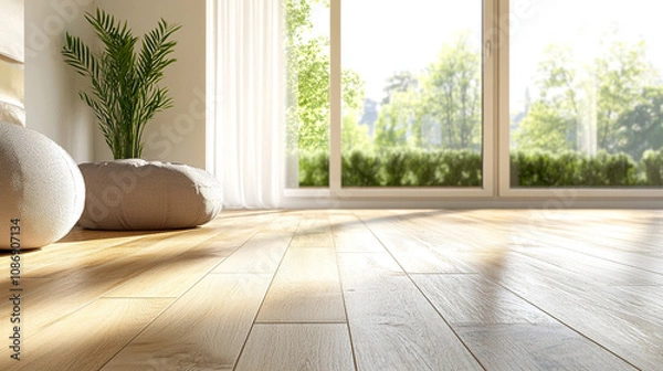 Obraz Sunlit 3D Render of a Cozy Living Room with Large Window and Wooden Flooring. Modern Interior Design Concept with Natural Light and Warm Ambiance