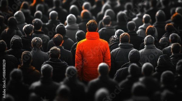 Fototapeta Man in yellow standing out from the crowd