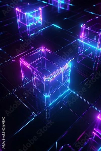 Fototapeta Vibrant Neon Light Cubes on a Reflective Surface Creating a Futuristic Atmosphere with Glowing Effects in Dark Surroundings