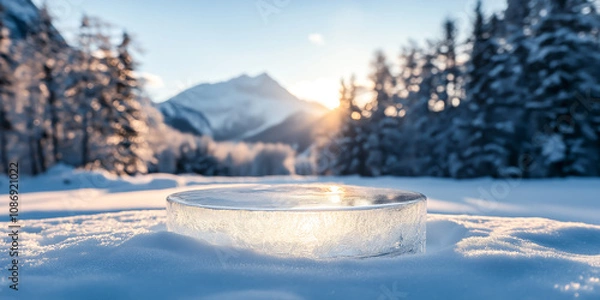 Fototapeta ice podium against winter outside scene, display stage of product, cold background for product presentation. mockup platform. cool stand pedestal round podium