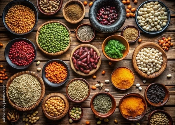 Fototapeta Aerial View of Colorful Dried Legumes in Various Bowls on a Rustic Wooden Table Highlighting Natural Textures and Organic Ingredients for Culinary Inspiration