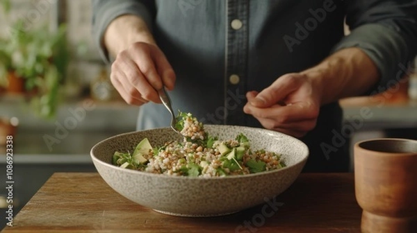 Fototapeta Healthy Cooking and Culinary Presentation with Fresh Salad in Rustic Kitchen Setting. Generative ai