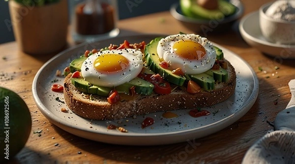 Obraz Avocado toast with poached egg and chili flakes