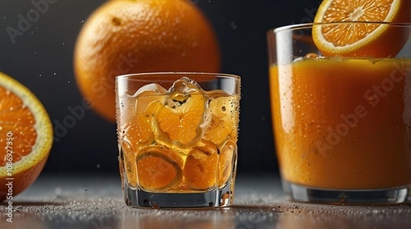 Obraz Glass of freshly squeezed orange juice with ice cubes