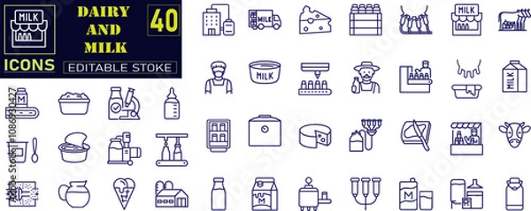 Fototapeta Dairy products line icon set. Cottage cheese, sour cream, porridge, kefir, parmesan, mozzarella, gouda, yogurt vector illustrations.
