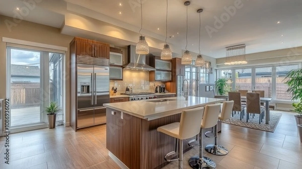 Fototapeta A bright, open-concept kitchen and dining area featuring modern cabinetry, stainless steel appliances, and a central island with bar stools.