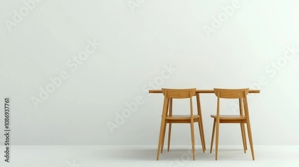 Fototapeta A minimalist dining room featuring a simple wood table and Scandinavian chairs on a white background, showcasing a cozy, natural design.
