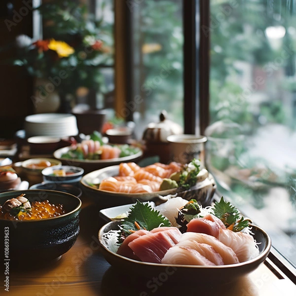 Fototapeta A beautifully arranged table of sushi, featuring colorful sashimi and garnishes, with a serene garden view through the window.