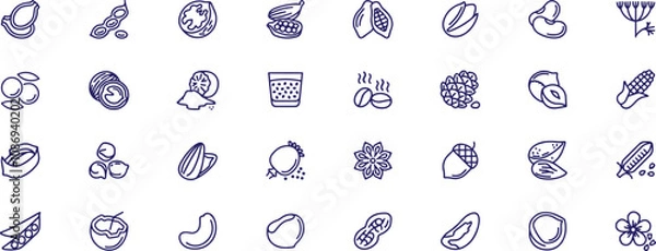 Fototapeta Nuts and seeds isolated icons set. Set of hazelnut, walnut, pumpkin seeds, peanuts .