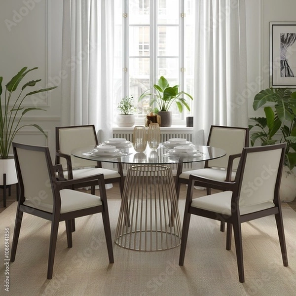 Fototapeta Dining Room with Glass Table and Chairs
