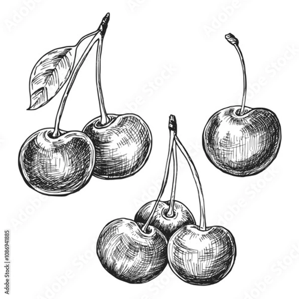 Obraz Cherry sketch ink graphic illustration, draft silhouette drawing, black on white line art. Botanical vintage etching food design.