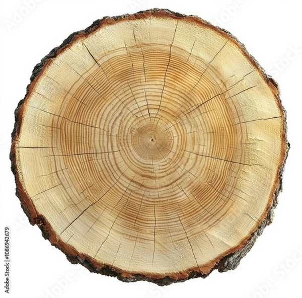 Obraz Large circular piece of wood cross section with tree ring texture pattern and cracks. Detailed organic surface from nature. , isolated on white background,  , copy space for text,