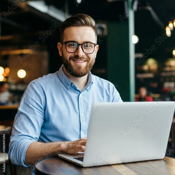 Obraz Young entrepreneur working on a laptop in a cozy coffee shop, smiling and looking determined