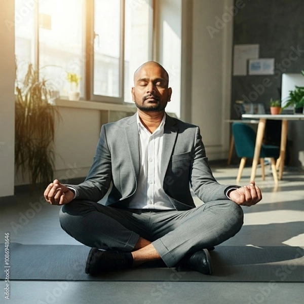 Obraz Relaxed Businessman Meditating in a Peaceful Office Setting