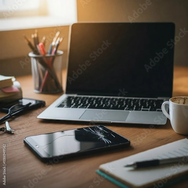 Obraz Laptop, Smartphone, and Coffee Cup on a Desk, Workplace Essentials
