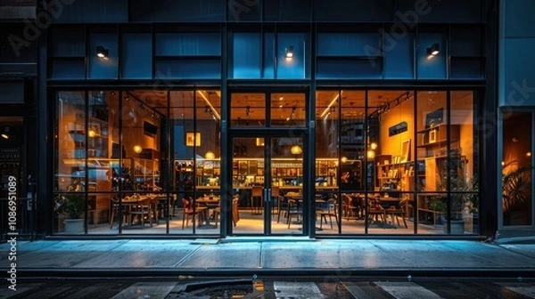 Fototapeta A modern cafe storefront with large windows and warm lighting.